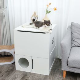 Large Wooden Cat Litter Box Enclosure With Jumping Platform and Fabric Drawer;  Indoor Hidden Cat Washroom Furniture;  White