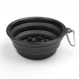 Portable Pet Feeder Travel Foldable Pet Dog Bowl Silicone Collapsible Slow 350ml/1000ml Feeding Bowl (Color: black, size: Diameter 18 cm)