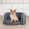 30" Brown Round Pet Sofa, Dog sofa, Dog bed, Cat Bed, Cat Sofa, with Wooden Structure and Linen Goods White Roller Lines on the Edges Curved Appearanc