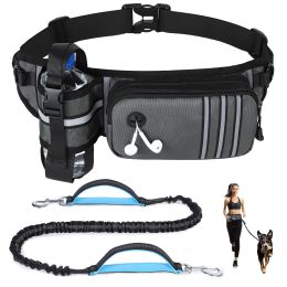 Hands Free Dog Leash with Zipper Pouch for Medium Large Dogs Running Walking Training Hiking, Adjustable Waist Belt with Reflective Threading, Retract (Color: grey)