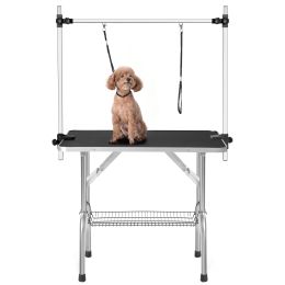 Professional Dog Pet Grooming Table Large Adjustable Heavy Duty Portable w/Arm & Noose & Mesh Tray (Color: black)