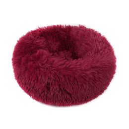 Small Large Pet Dog Puppy Cat Calming Bed Cozy Warm Plush Sleeping Mat Kennel, Round (Color: Wine Red, size: 20in)