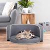 30" Brown Round Pet Sofa, Dog sofa, Dog bed, Cat Bed, Cat Sofa, with Wooden Structure and Linen Goods White Roller Lines on the Edges Curved Appearanc