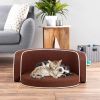 30" Brown Round Pet Sofa, Dog sofa, Dog bed, Cat Bed, Cat Sofa, with Wooden Structure and Linen Goods White Roller Lines on the Edges Curved Appearanc