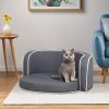 30" Brown Round Pet Sofa, Dog sofa, Dog bed, Cat Bed, Cat Sofa, with Wooden Structure and Linen Goods White Roller Lines on the Edges Curved Appearanc